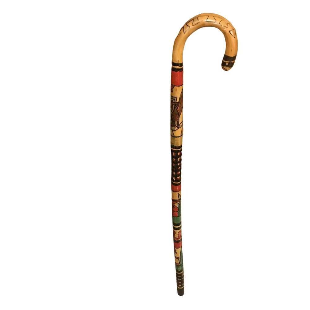Handcrafted Wooden Walking Stick With Colorful Aztec Designs Cozumel Mexico 39"